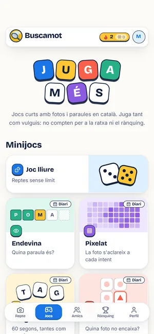 La pantalla de jocs de Buscamot